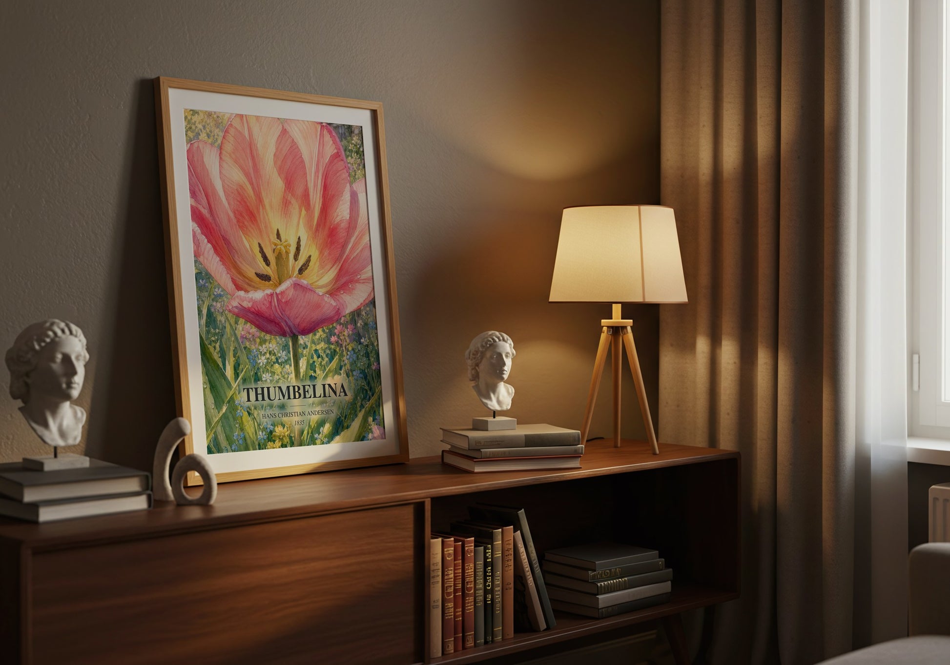 Thumbelina watercolour print on bookshelf – Hans Christian Andersen fan gift