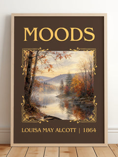 Moods Classic Book Art Print by Louisa May Alcott – framed print leaning on a wooden floor