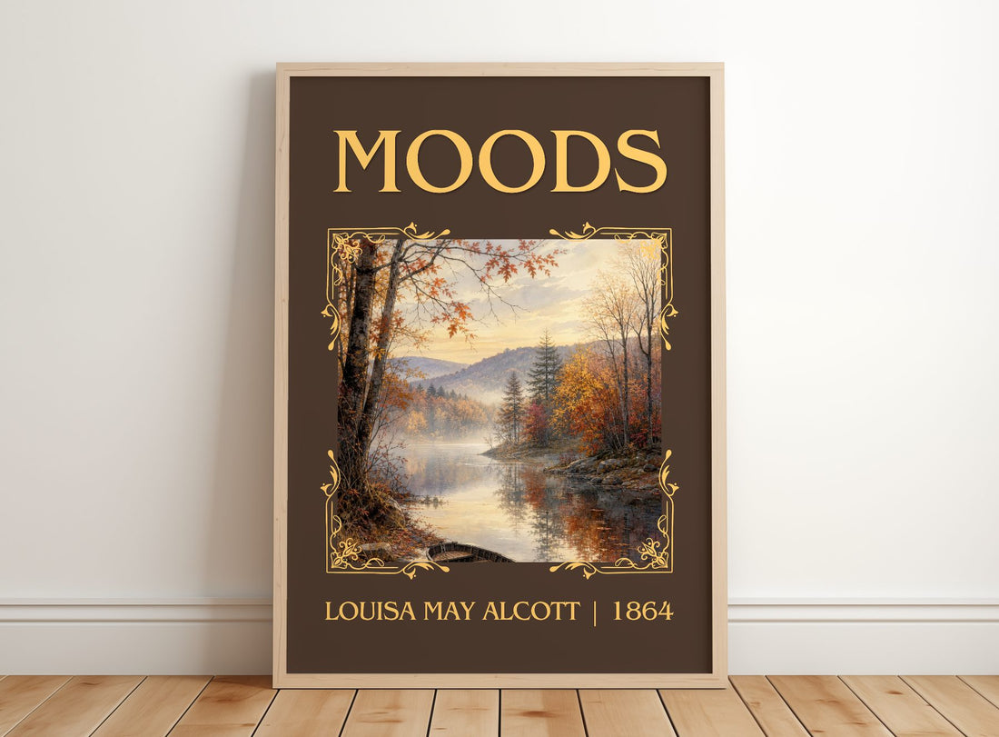Moods Classic Book Art Print by Louisa May Alcott – framed print leaning on a wooden floor