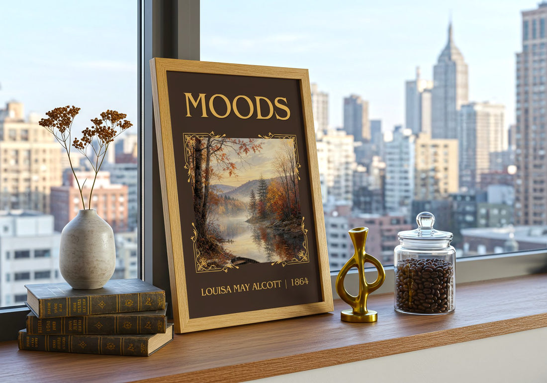 Moods Classic Book Art Print by Louisa May Alcott – framed print on a city-view windowsill