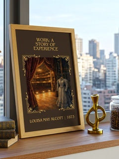 Work: A Story Of Experience Classic Book Art Print by L. Alcott – framed print on a city-view windowsill