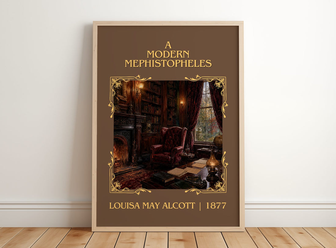 A Modern Mephistopheles Classic Book Art Print by Louisa May Alcott – framed print leaning on a wooden floor