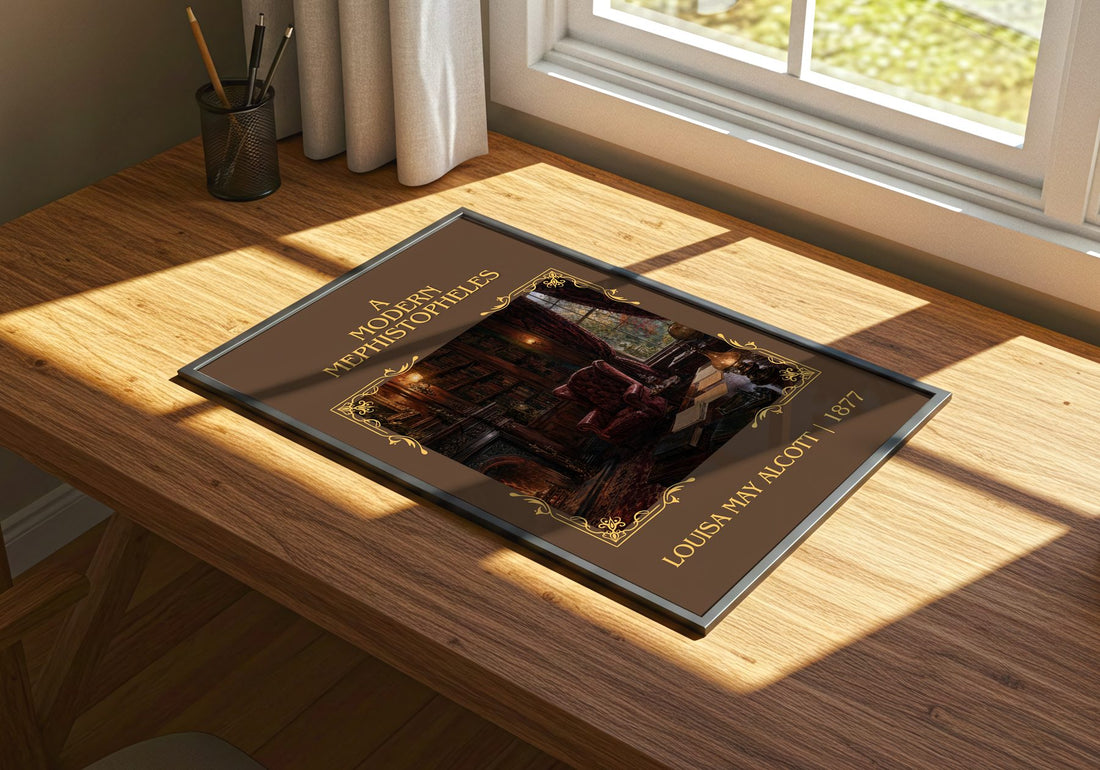 A Modern Mephistopheles Classic Book Art Print by Louisa May Alcott – print on a sunlit desk