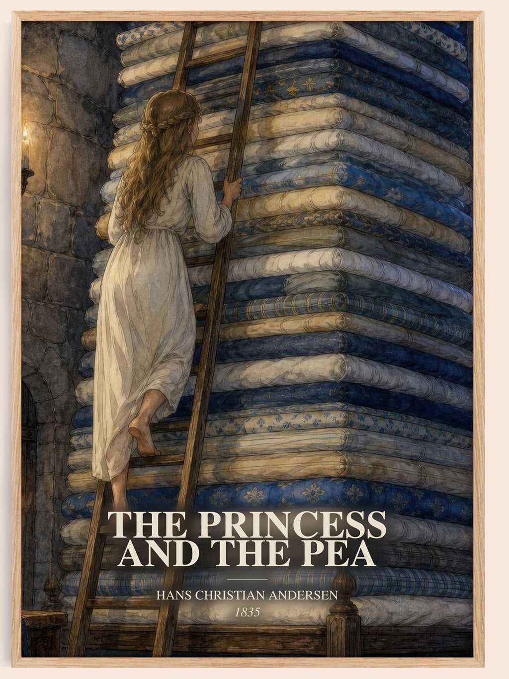 The Princess And The Pea watercolour book poster by Hans Christian Andersen – framed literary art print