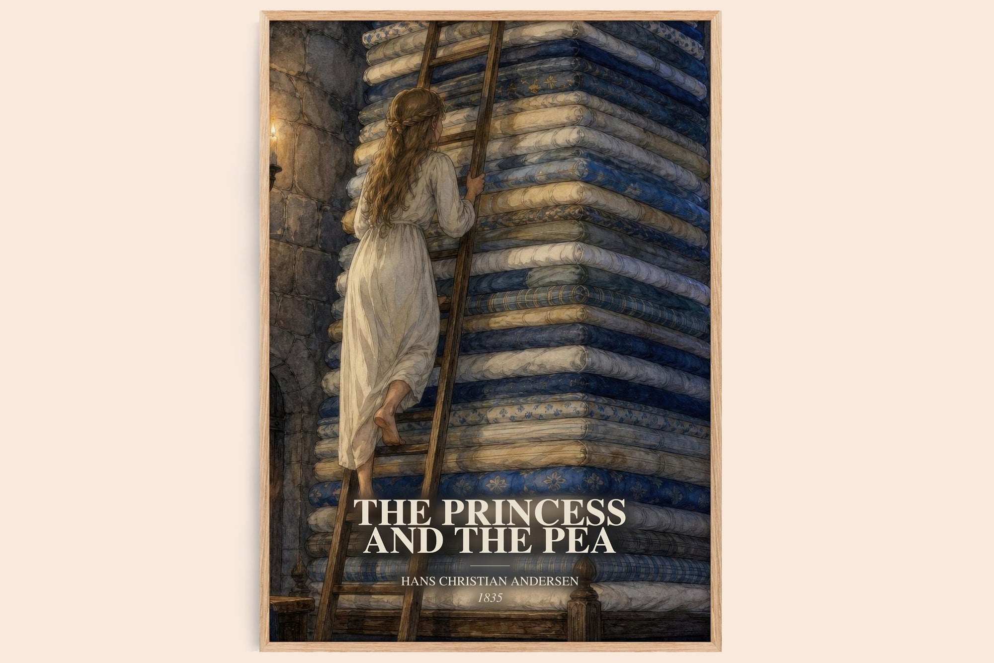 The Princess And The Pea watercolour book poster by Hans Christian Andersen – framed literary art print