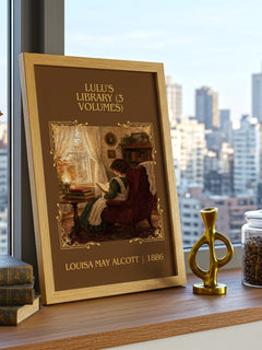 Lulu's Library (3 Volumes) Classic Book Art Print by Louisa May Alcott – framed print on a city-view windowsill