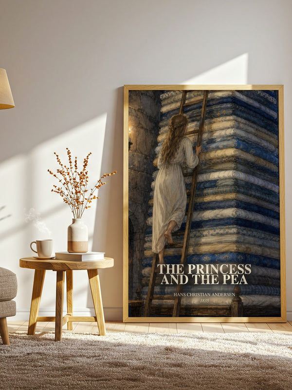 The Princess And The Pea watercolour print in frame leaning in hallway – childrens wall art