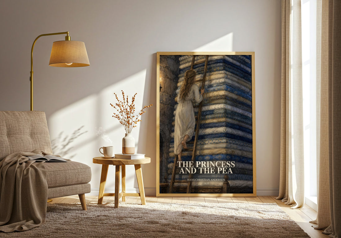The Princess And The Pea watercolour print in frame leaning in hallway – childrens wall art (mockup)