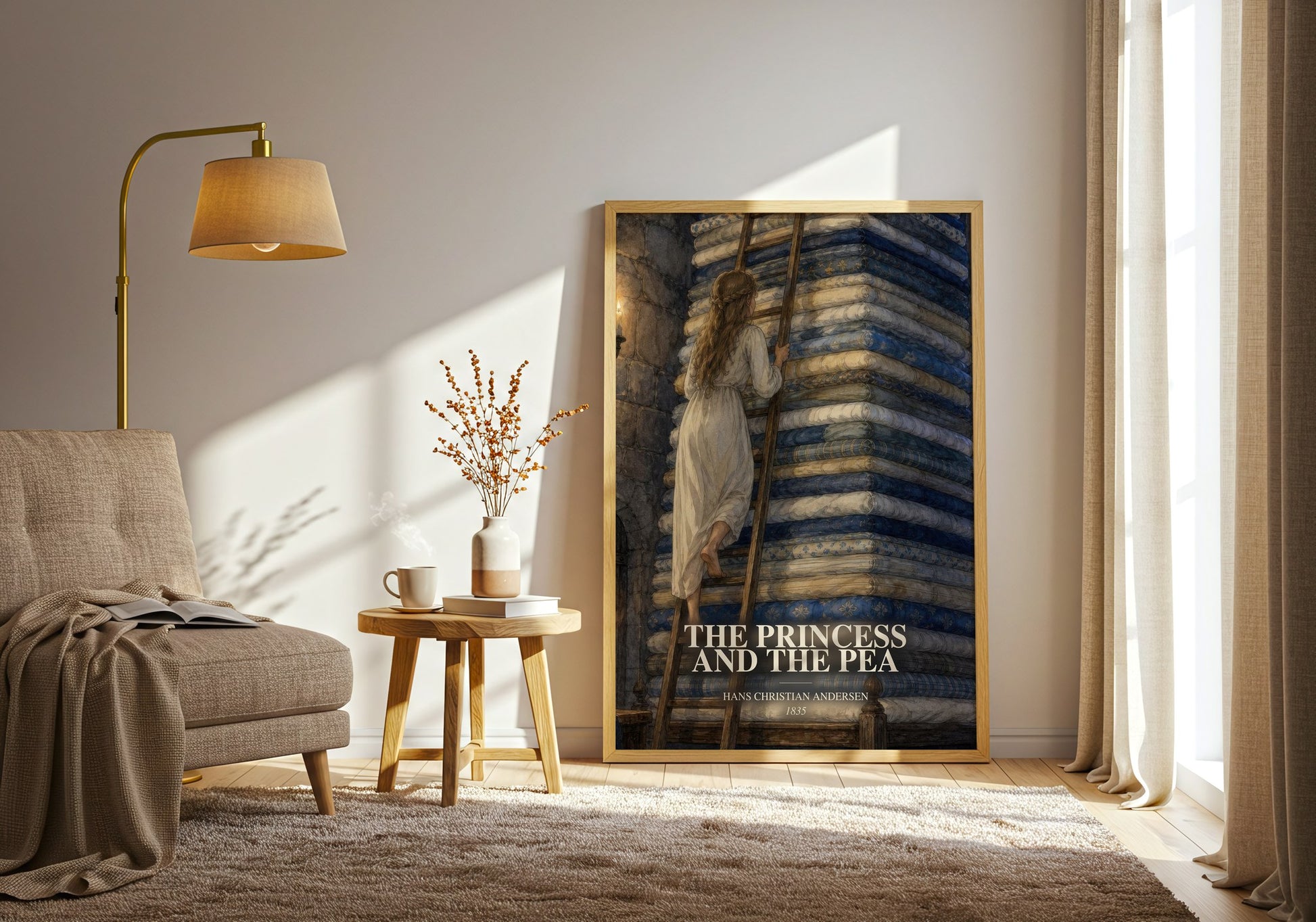 The Princess And The Pea watercolour print in frame leaning in hallway – childrens wall art