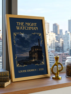 The Night Watchman Classic Book Art Print by Louise Erdrich – framed print on a city-view windowsill
