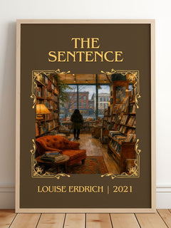 The Sentence Classic Book Art Print by Louise Erdrich – framed print leaning on a wooden floor