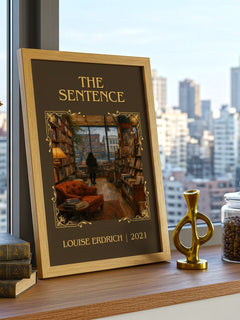 The Sentence Classic Book Art Print by Louise Erdrich – framed print on a city-view windowsill