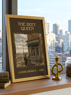 The Beet Queen Classic Book Art Print by Louise Erdrich – framed print on a city-view windowsill