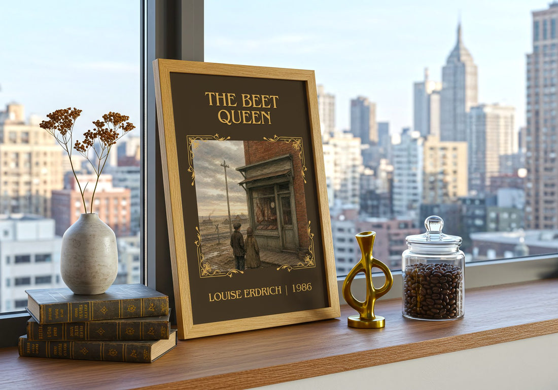 The Beet Queen Classic Book Art Print by Louise Erdrich – framed print on a city-view windowsill