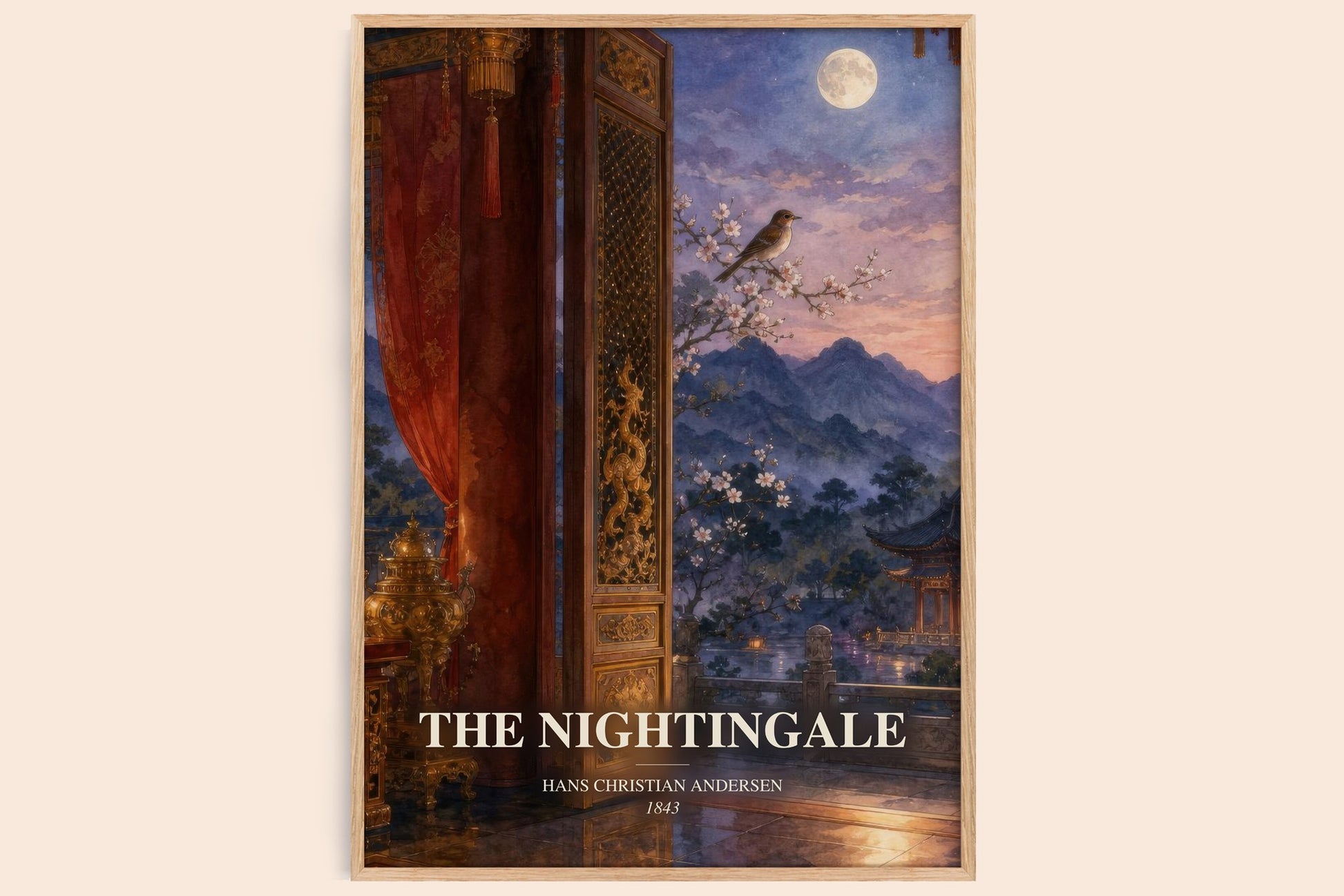 The Nightingale watercolour book poster by Hans Christian Andersen – framed literary art print