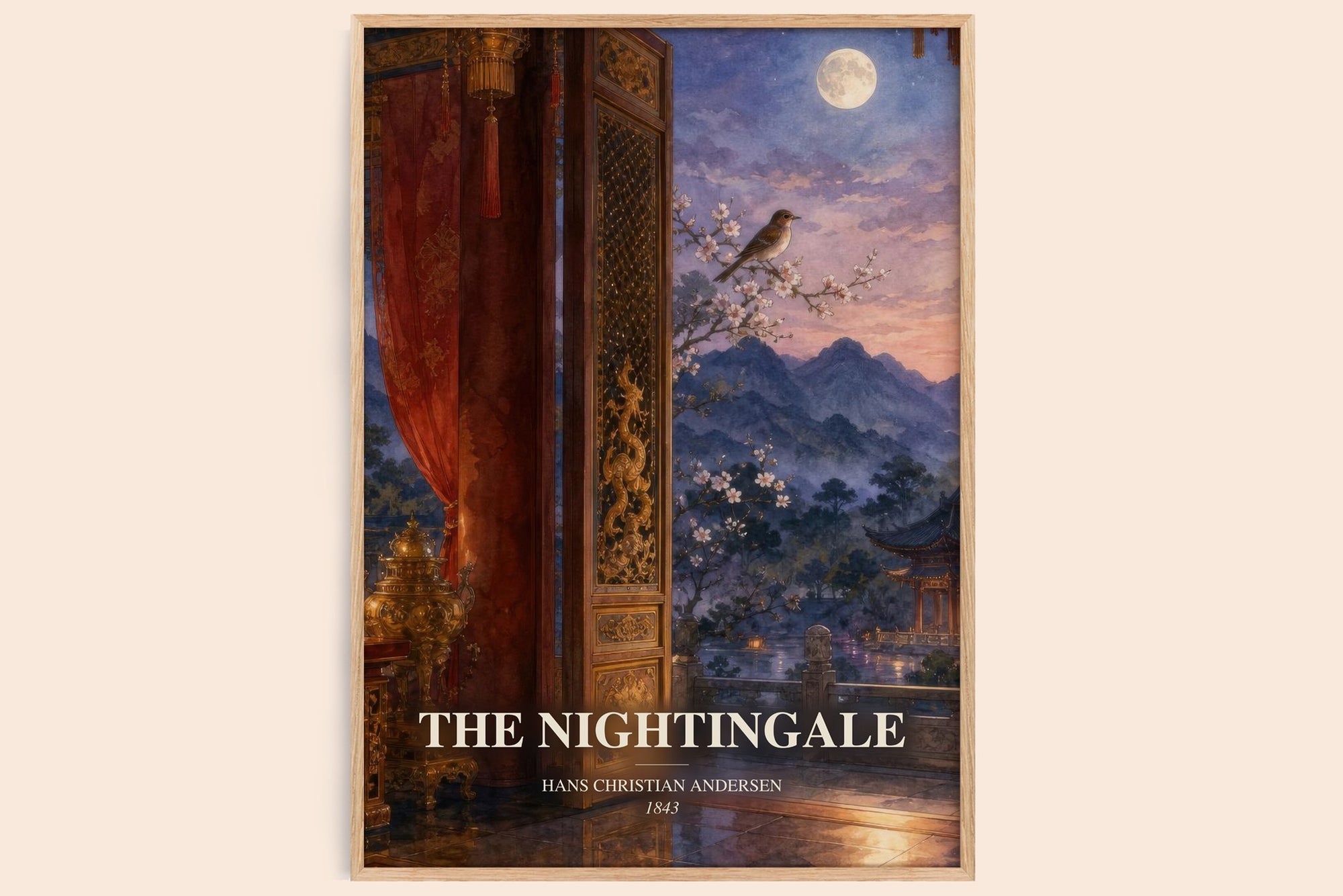 The Nightingale watercolour book poster by Hans Christian Andersen – framed literary art print