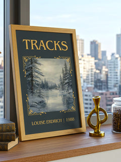Tracks Classic Book Art Print by Louise Erdrich – framed print on a city-view windowsill