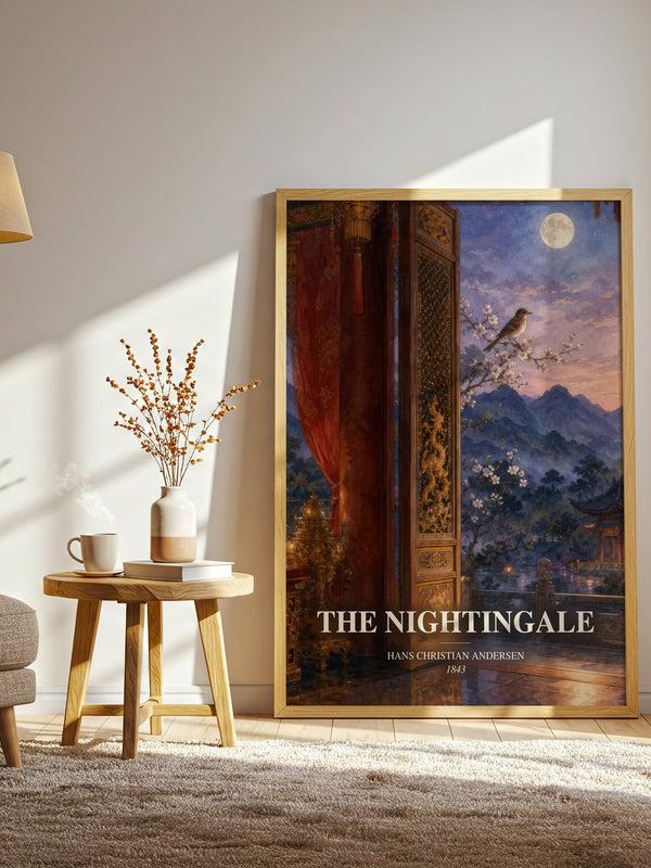 The Nightingale watercolour print in frame leaning in hallway – childrens wall art