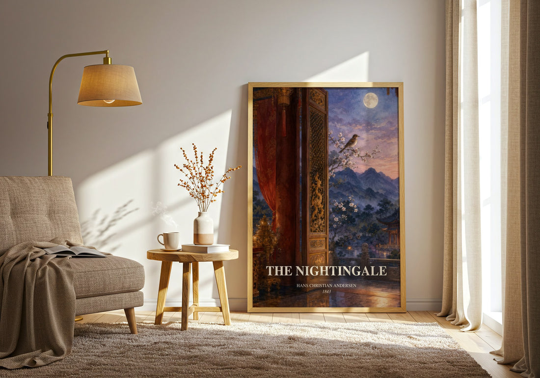 The Nightingale watercolour print in frame leaning in hallway – childrens wall art (mockup)