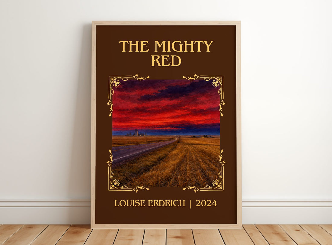The Mighty Red Classic Book Art Print by Louise Erdrich – framed print leaning on a wooden floor