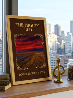 The Mighty Red Classic Book Art Print by Louise Erdrich – framed print on a city-view windowsill