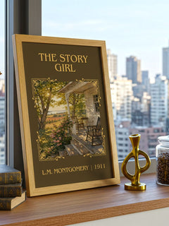 The Story Girl Classic Book Art Print by L.M. Montgomery – framed print on a city-view windowsill
