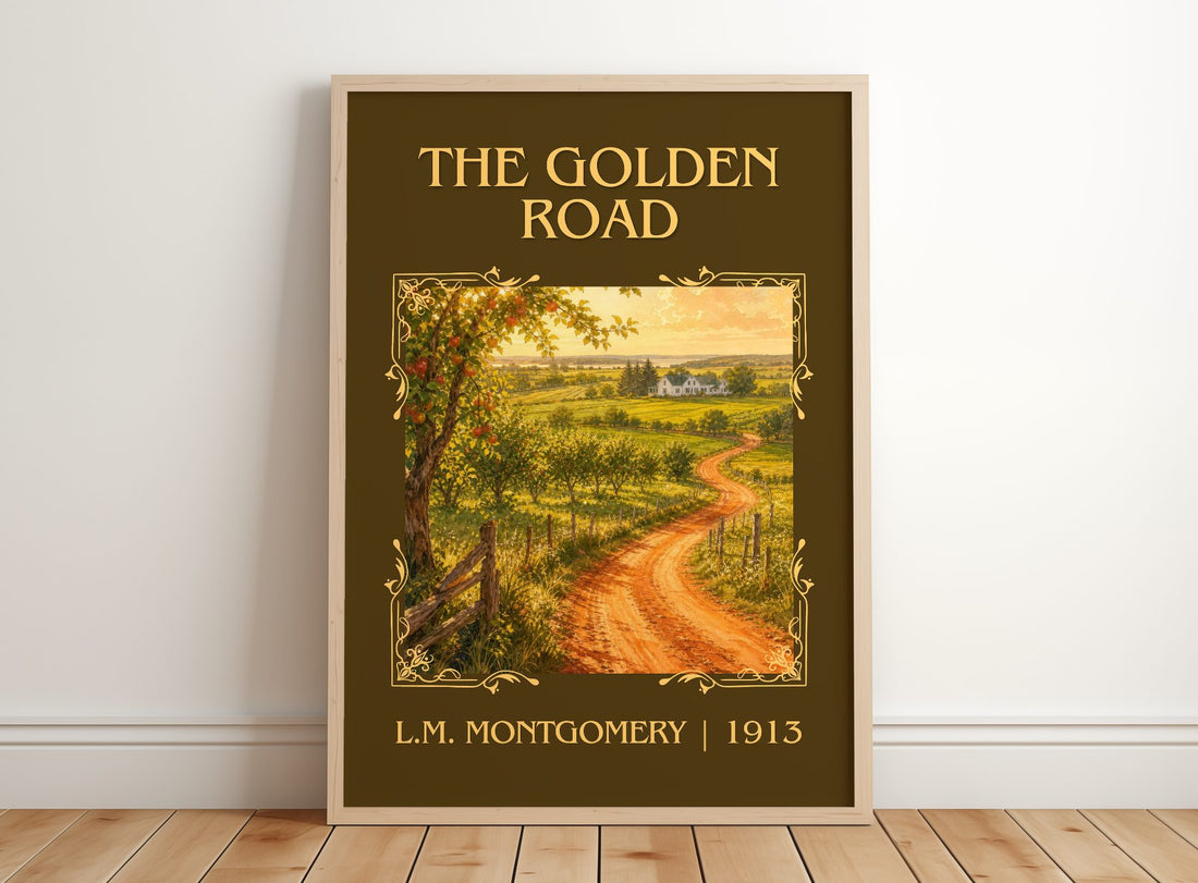 The Golden Road Classic Book Art Print by L.M. Montgomery – framed print leaning on a wooden floor