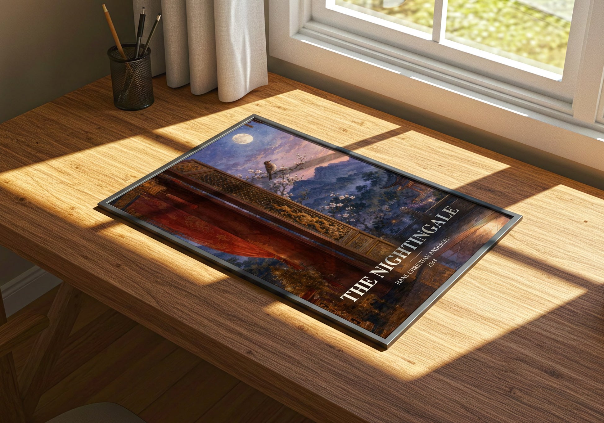 The Nightingale watercolour book poster framed on wall – childrens wall art