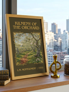 Kilmeny Of The Orchard Classic Book Art Print by L.M. Montgomery – framed print on a city-view windowsill