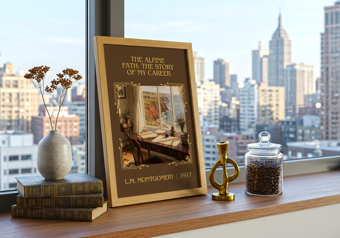 The Alpine Path: The Story Of My Career Classic Book Art Print by L.M. Montgomery – framed print on a city-view windowsill
