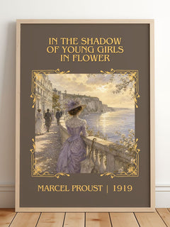In The Shadow Of Young Girls In Flower Classic Book Art Print by Marcel Proust – framed print leaning on a wooden floor