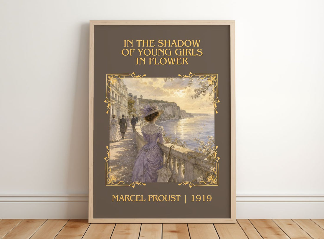 In The Shadow Of Young Girls In Flower Classic Book Art Print by Marcel Proust – framed print leaning on a wooden floor