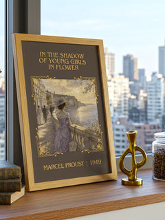 In The Shadow Of Young Girls In Flower Classic Book Art Print by Marcel Proust – framed print on a city-view windowsill