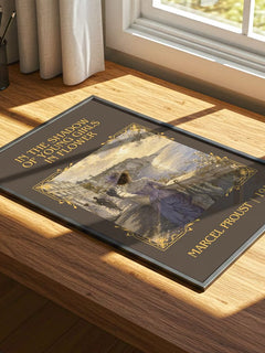 In The Shadow Of Young Girls In Flower Classic Book Art Print by Marcel Proust – print on a sunlit desk