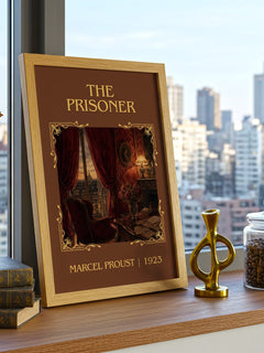 The Prisoner Classic Book Art Print by Marcel Proust – framed print on a city-view windowsill