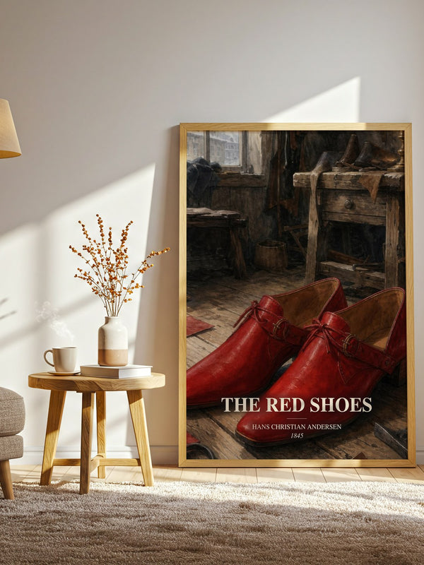 The Red Shoes watercolour print in frame leaning in hallway – childrens wall art