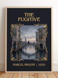 The Fugitive Classic Book Art Print by Marcel Proust – framed print leaning on a wooden floor
