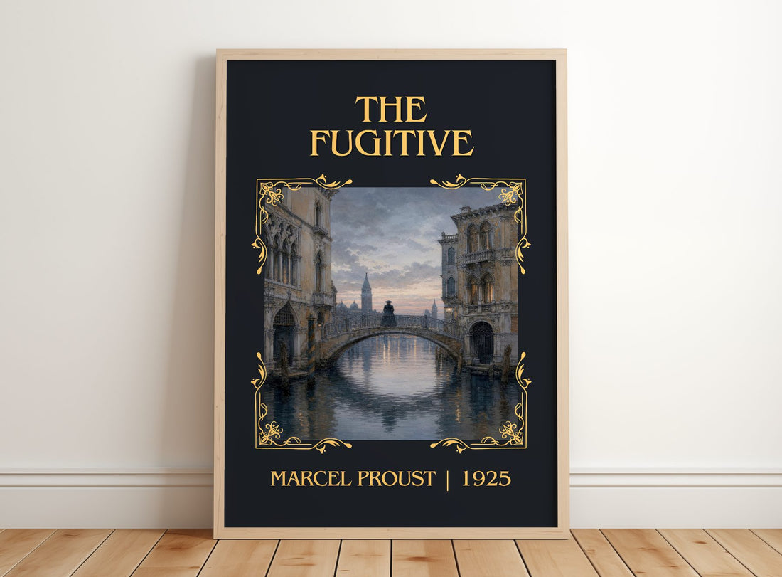 The Fugitive Classic Book Art Print by Marcel Proust – framed print leaning on a wooden floor