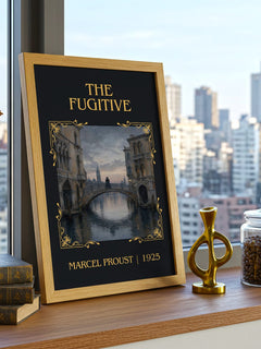 The Fugitive Classic Book Art Print by Marcel Proust – framed print on a city-view windowsill