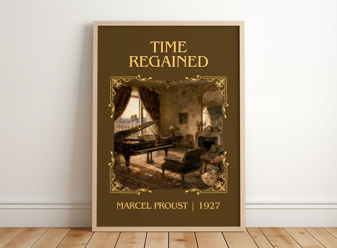 Time Regained Classic Book Art Print by Marcel Proust – framed print leaning on a wooden floor