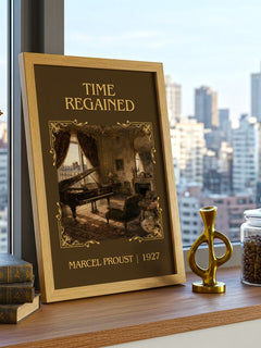 Time Regained Classic Book Art Print by Marcel Proust – framed print on a city-view windowsill