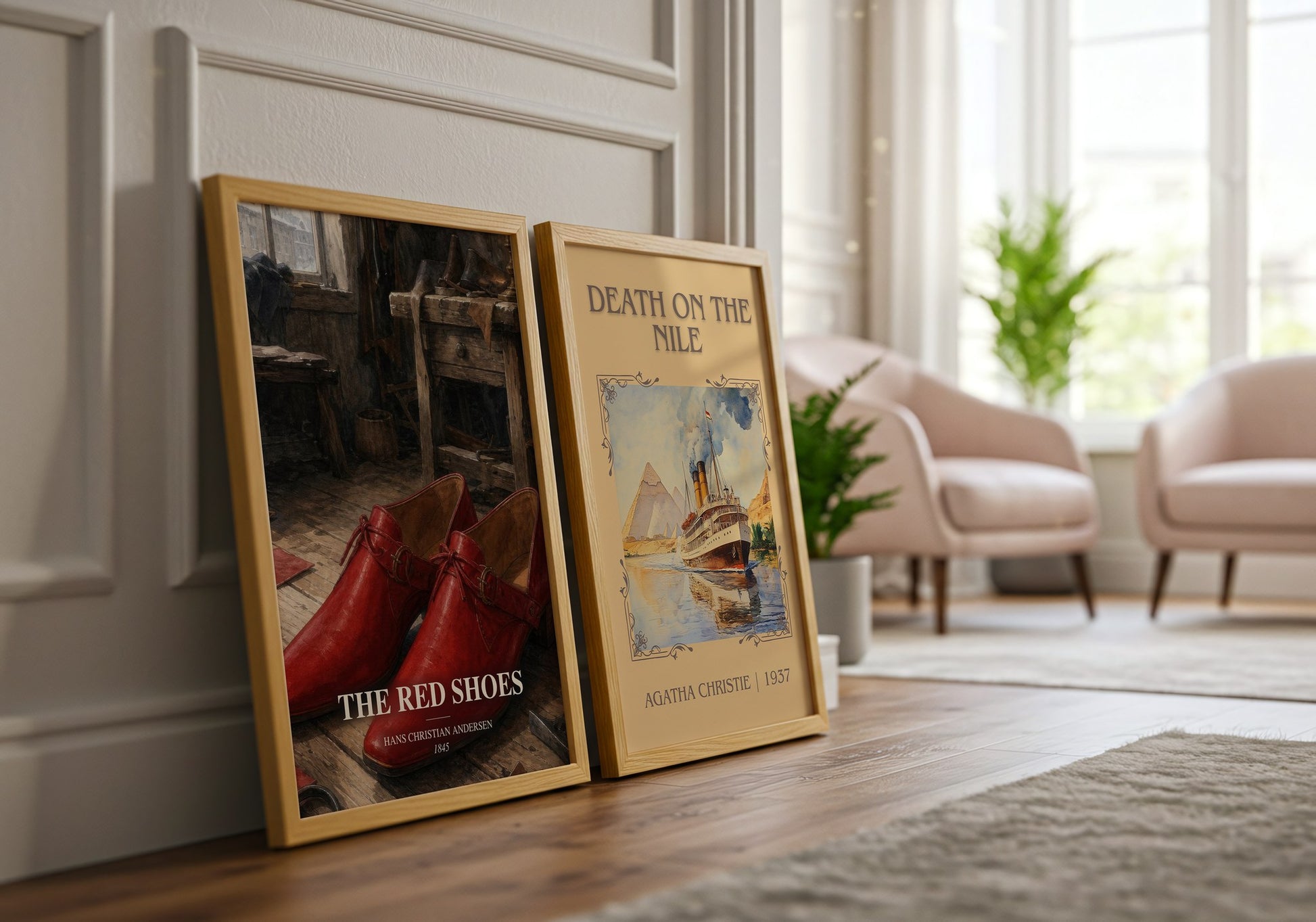The Red Shoes watercolour print framed by window – literary home decor