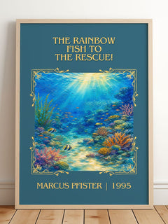 Rainbow Fish To The Rescue! Classic Book Art Print by Marcus Pfister – framed print leaning on a wooden floor