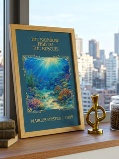 Rainbow Fish To The Rescue! Classic Book Art Print by Marcus Pfister – framed print on a city-view windowsill