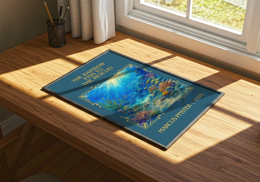 Rainbow Fish To The Rescue! Classic Book Art Print by Marcus Pfister – print on a sunlit desk