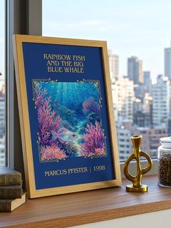 Rainbow Fish And The Big Blue Whale Classic Book Art Print by Marcus Pfister – framed print on a city-view windowsill