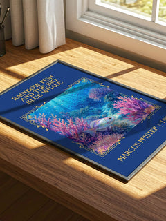 Rainbow Fish And The Big Blue Whale Classic Book Art Print by Marcus Pfister – print on a sunlit desk