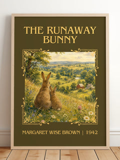The Runaway Bunny Classic Book Art Print by Margaret Wise Brown – framed print leaning on a wooden floor