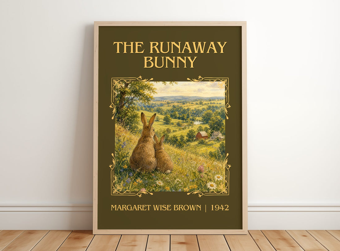 The Runaway Bunny Classic Book Art Print by Margaret Wise Brown – framed print leaning on a wooden floor