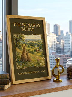 The Runaway Bunny Classic Book Art Print by Margaret Wise Brown – framed print on a city-view windowsill